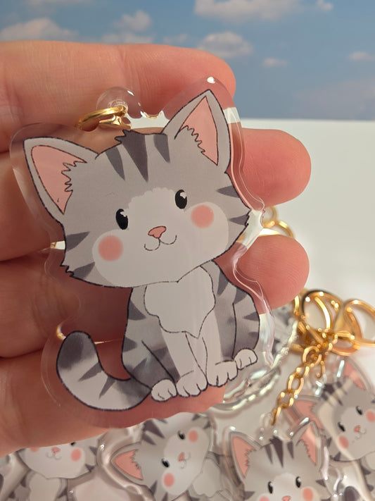 Pet Keychain 082 - Grey and White - Cat